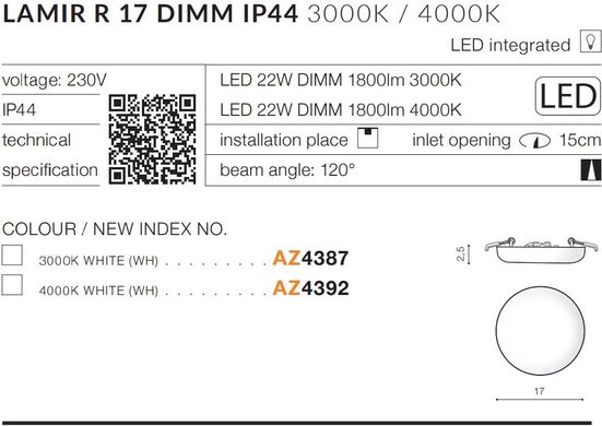 Точковий врізний світильник Azzardo AZ4387 LAMIR R 17 3000K DIMM