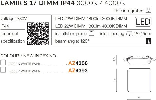 Точковий врізний світильник Azzardo AZ4388 LAMIR S 17 3000K DIMM