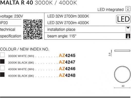 Стельовий світильник Azzardo AZ4248 MALTA R 40 4000K BK