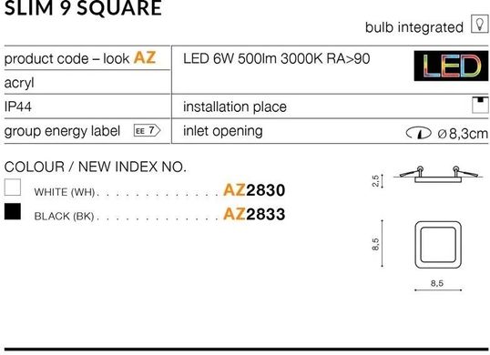 Точковий врізний світильник Azzardo AZ2830 Slim 9 Square 3000K