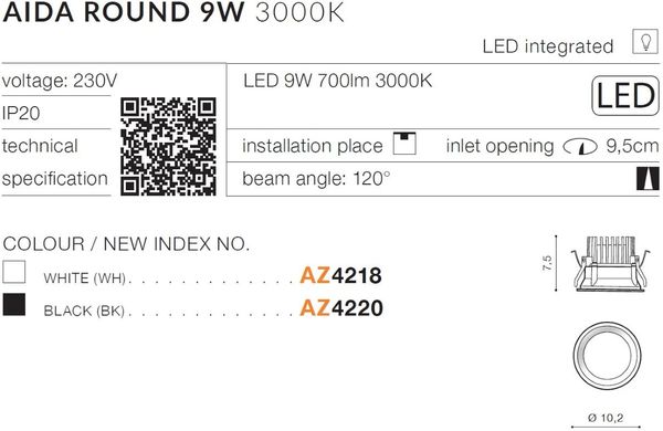Точковий врізний світильник Azzardo AZ4218 AIDA ROUND 9W 3000K WH
