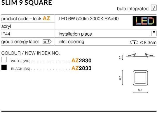Точковий врізний світильник Azzardo AZ2833 Slim 9 Square 3000K