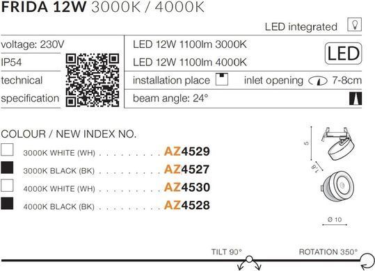 Точечный врезной светильник Azzardo AZ4530 FRIDA 12W 4000K WH