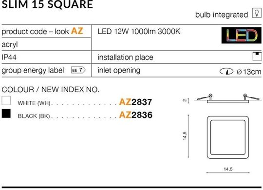 Точковий врізний світильник Azzardo AZ2836 Slim 15 Square 3000K