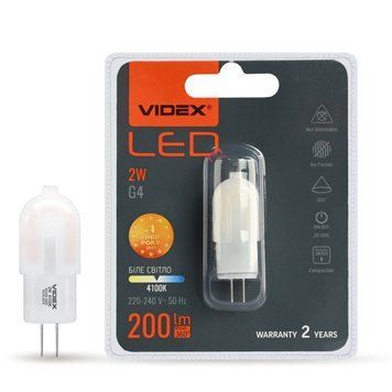 Світлодіодна лампа Videx 24632 12V G4 2W 4100K G4 E Series, 300 град.