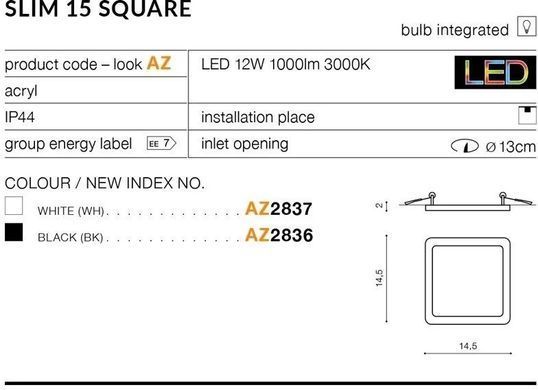 Точечный врезной светильник Azzardo AZ2837 Slim 15 Square 3000K