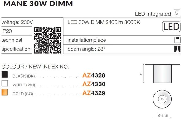 Точковий накладний світильник Azzardo AZ4328 MANE 30W DIMM BK