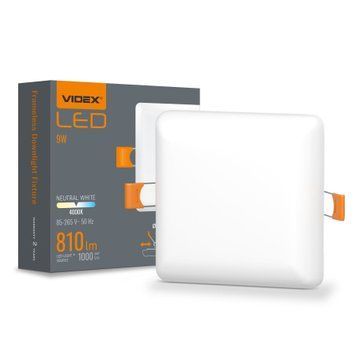 LED світильник безрамковий квадратний VIDEX (VLE-DLFS-094) 9W 4000K 220V арт. 28810