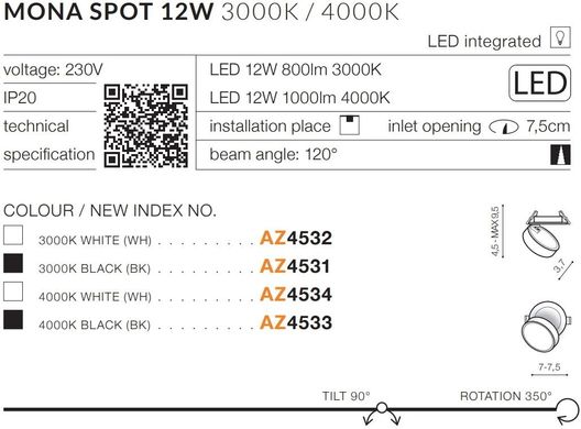 Точковий врізний світильник Azzardo AZ4533 MONA SPOT 12W 4000K BK