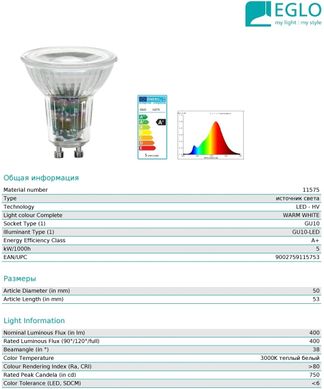 Светодиодная лампа Eglo 11575 5,2W 3000k 220V GU10