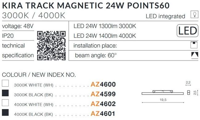 Світильник для магнітної системи Azzardo AZ4600 KIRA TRACK MAGNETIC 24W POINTS60 3000K WH