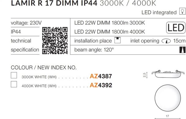 Точковий врізний світильник Azzardo AZ4392 LAMIR R 17 4000K DIMM